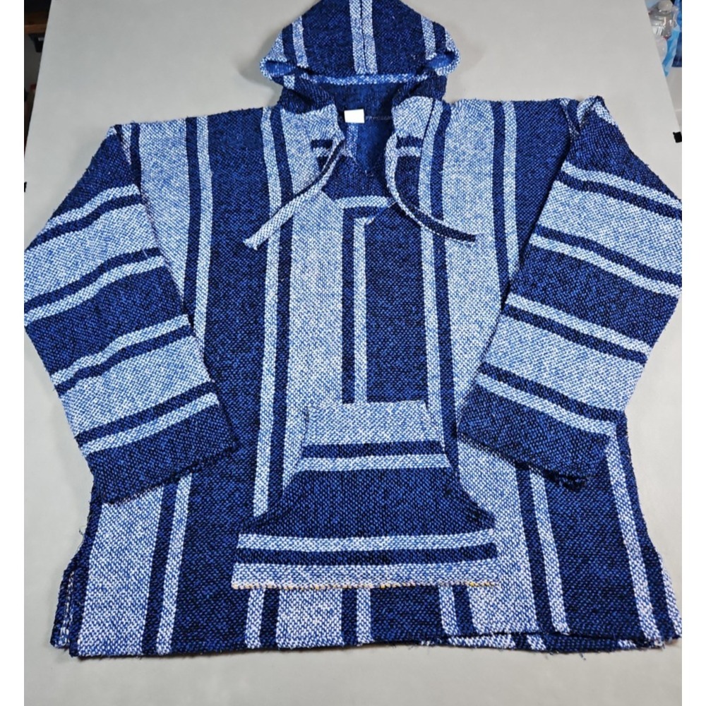 Mens Mexican Baja Hoodie Blue Striped Woven Pullover Kangaroo Pocket Size XXL